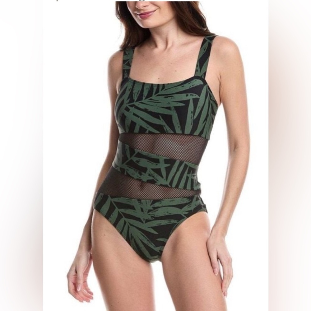 NWT Carmen Marc Valvo one piece swimsuit. Black w/green palms, mesh, size 12.